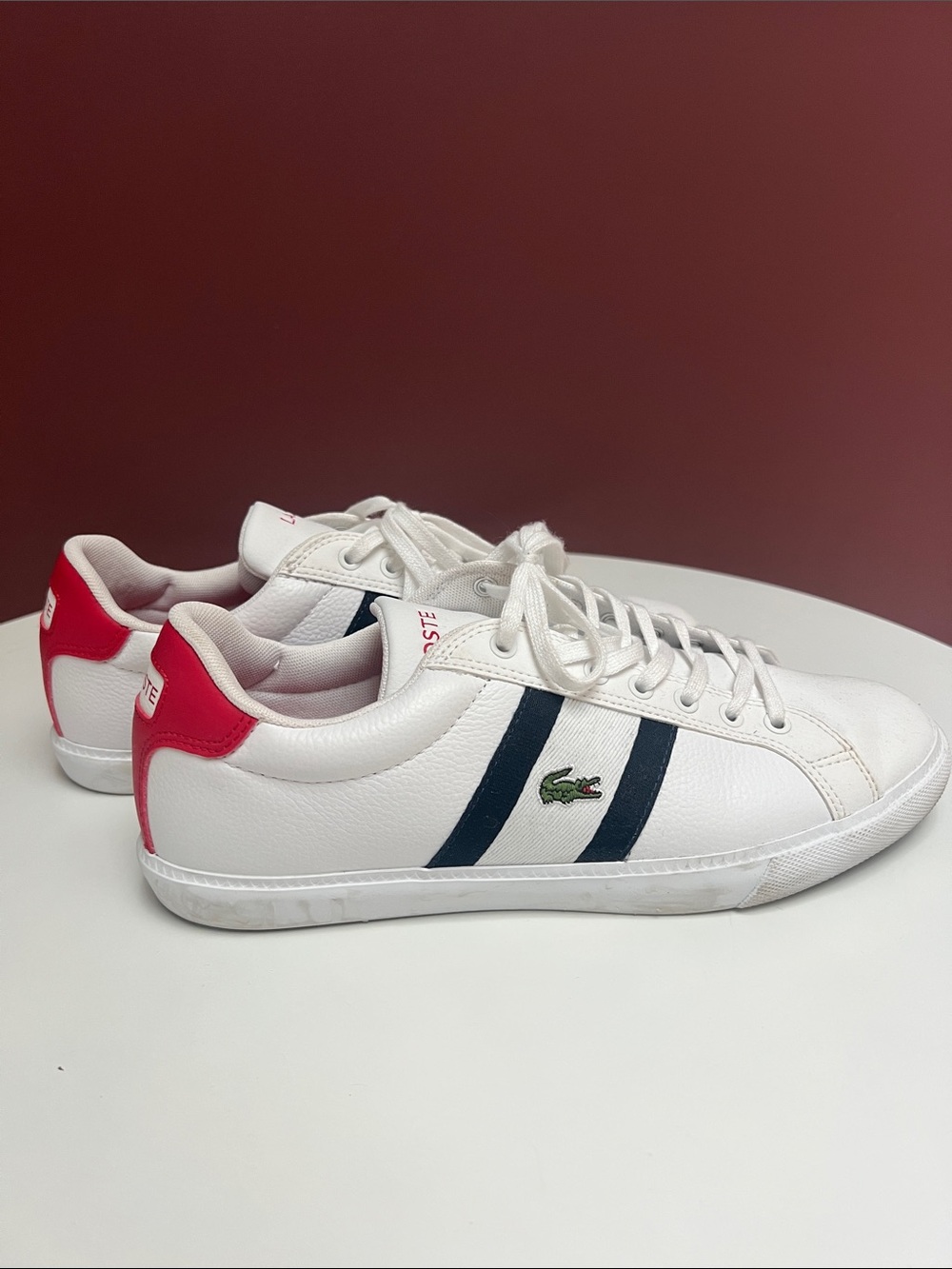 Lacoste White Sneakers with Navy Stripes and Red Heel Tab - Picture 3 of 5